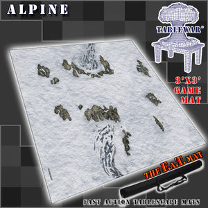 3’x3’ gaming mat with a Alpine Snow Winter theme, marketed for tabletop gaming, accompanied by a black canvas zipper bag TableWar neoprene Tournament Tabletop Game mat