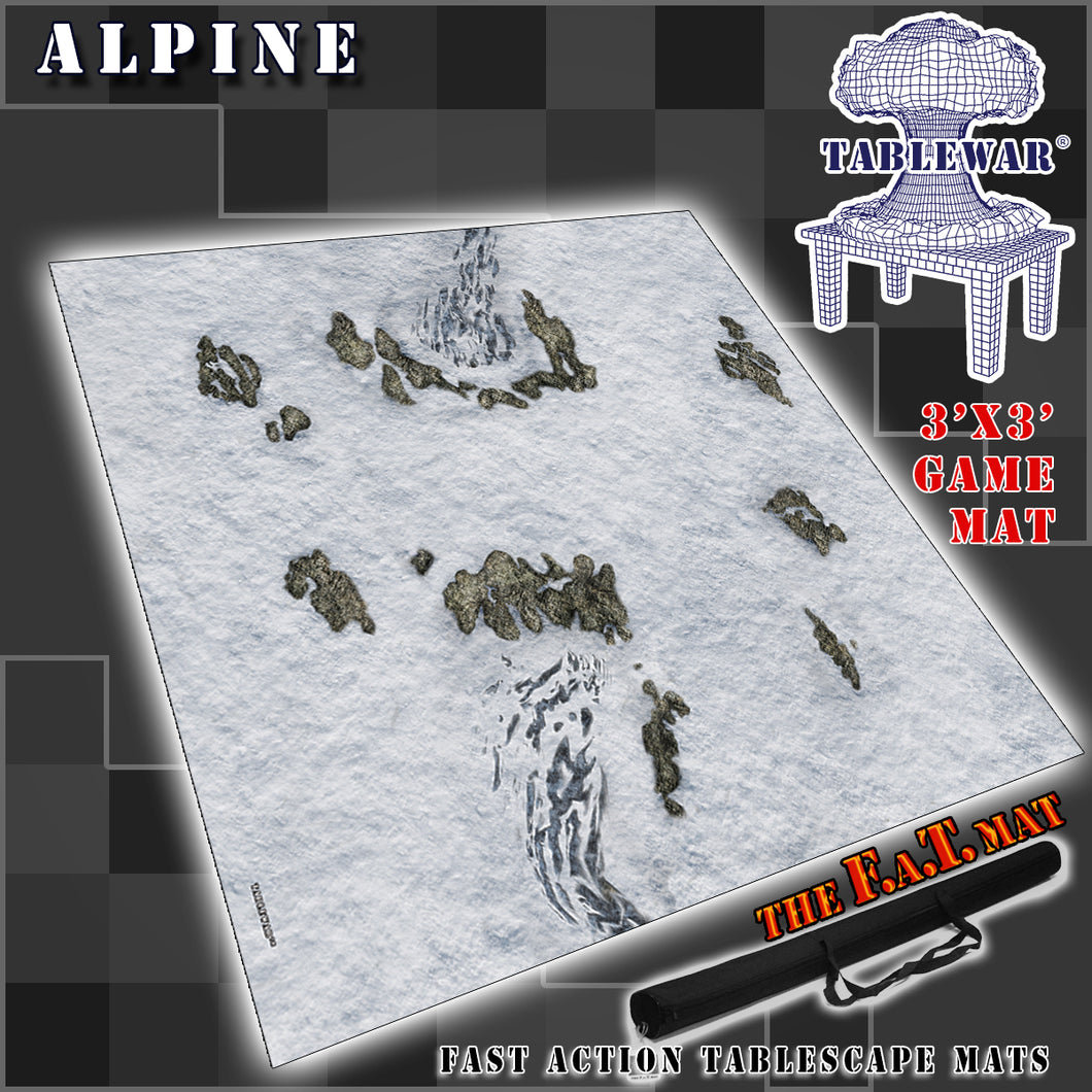 3’x3’ gaming mat with a Alpine Snow Winter theme, marketed for tabletop gaming, accompanied by a black canvas zipper bag TableWar neoprene Tournament Tabletop Game mat