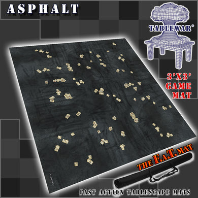 3’x3’ gaming mat with a Asphalt city pavement theme, marketed for tabletop gaming, accompanied by a black canvas zipper bag TableWar neoprene Tournament Tabletop Game mat