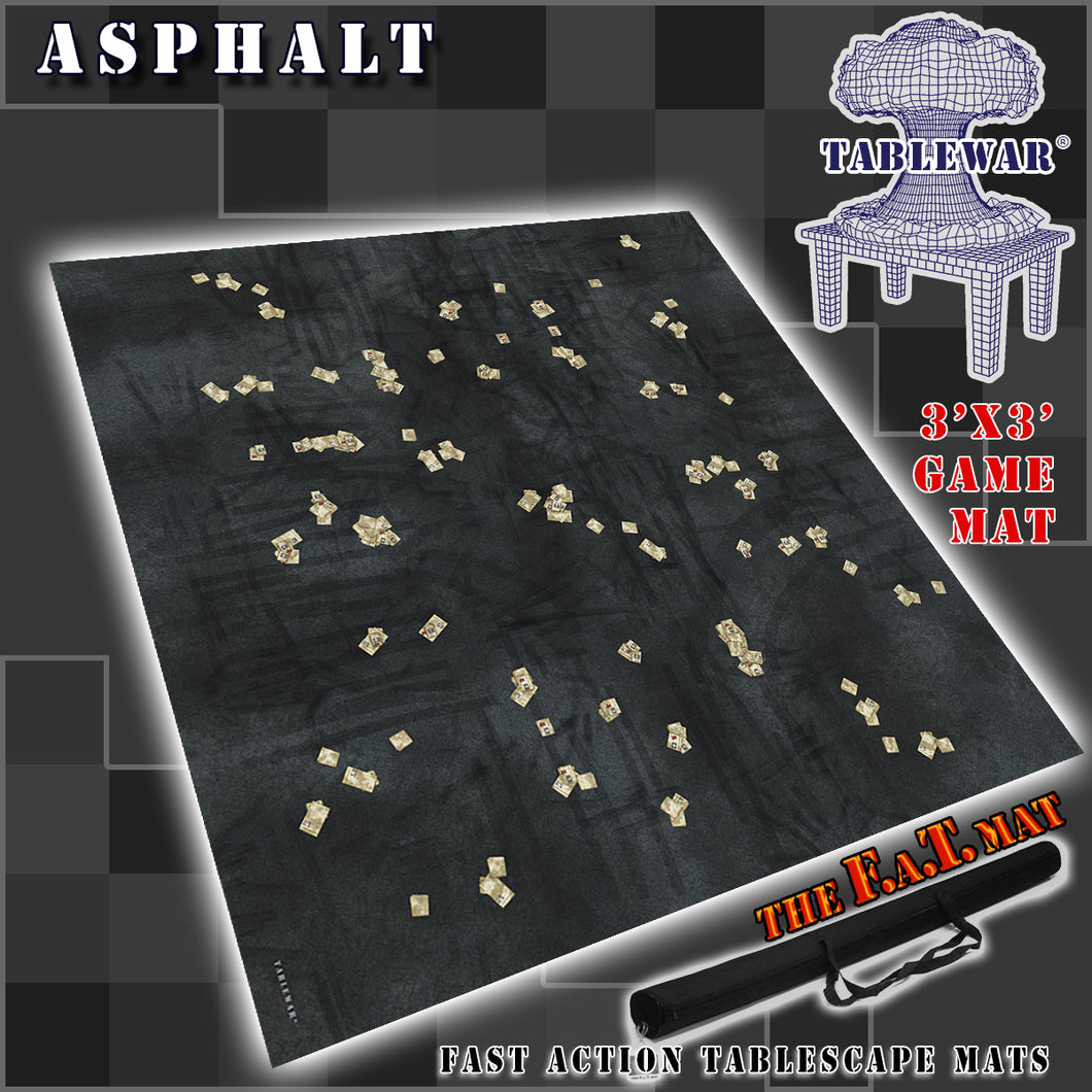 3’x3’ gaming mat with a Asphalt city pavement theme, marketed for tabletop gaming, accompanied by a black canvas zipper bag TableWar neoprene Tournament Tabletop Game mat