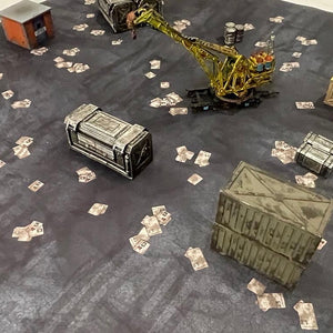 3’x3’ gaming mat with a Asphalt city pavement theme, marketed for tabletop gaming, accompanied by a black canvas zipper bag Marvel TableWar neoprene Tournament Tabletop Game mat