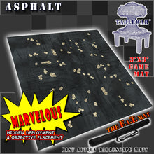 Load image into Gallery viewer, 3’x3’ gaming mat with a Asphalt city pavement theme, marketed for tabletop gaming, accompanied by a black canvas zipper bag Marvel TableWar neoprene Tournament Tabletop Game mat
