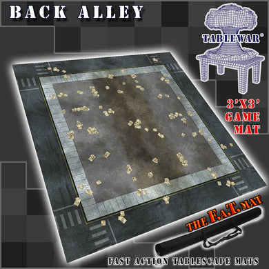 A 3x3 gaming mat with a Back Alley theme, featuring a city street with marketed for tabletop gaming, accompanied by a black canvas zipper bag TableWar neoprene Tournament Tabletop Game mat