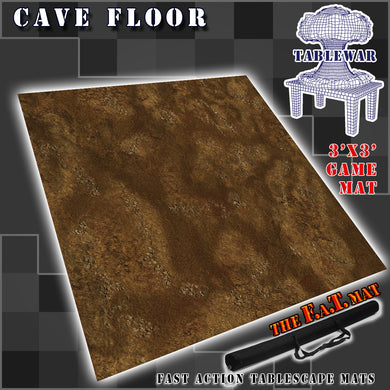 3’x3’ gaming mat with a Rocky Dirt Cave floor theme, marketed for tabletop gaming, accompanied by a black canvas zipper bag TableWar neoprene Tournament Tabletop Game mat 