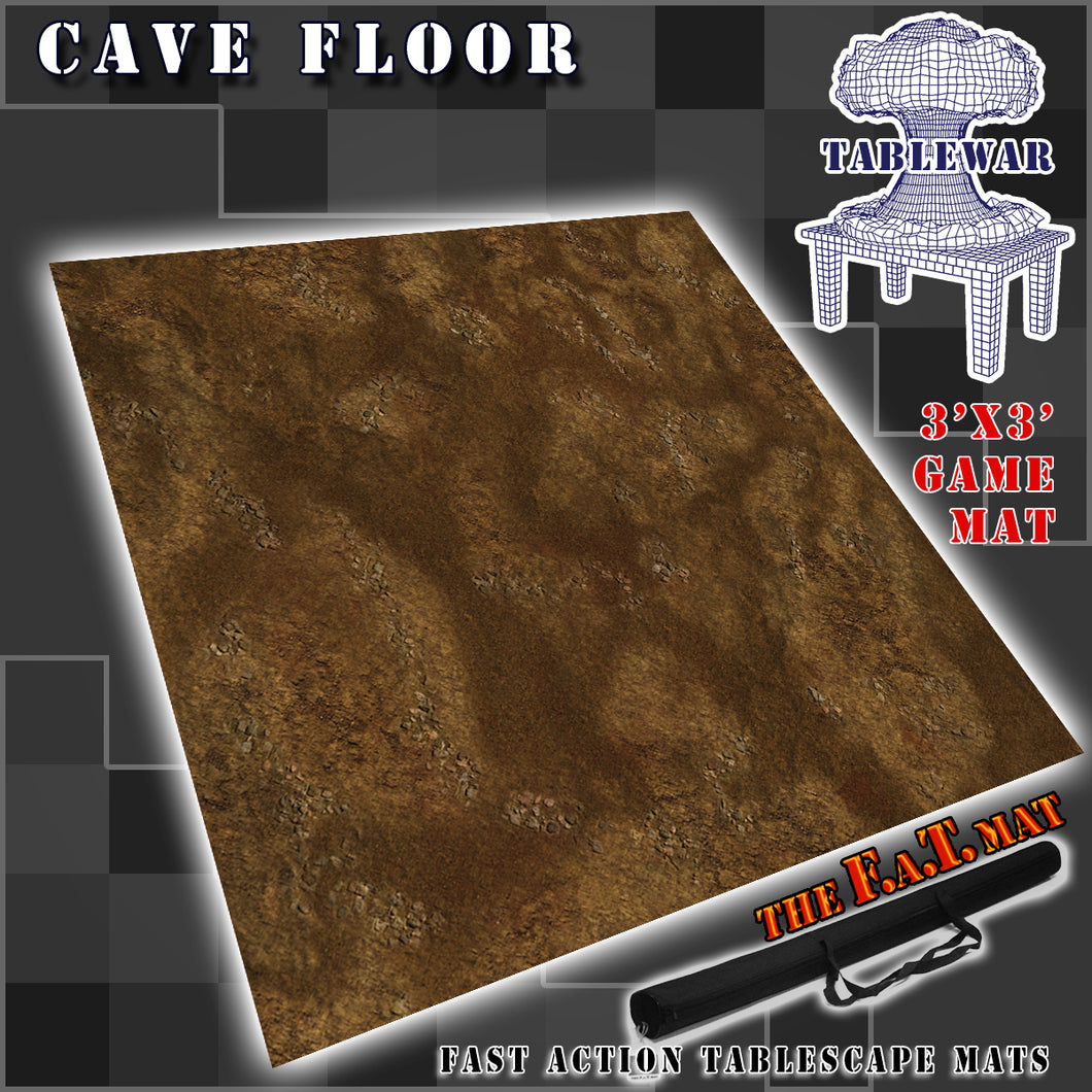 3’x3’ gaming mat with a Rocky Dirt Cave floor theme, marketed for tabletop gaming, accompanied by a black canvas zipper bag TableWar neoprene Tournament Tabletop Game mat 