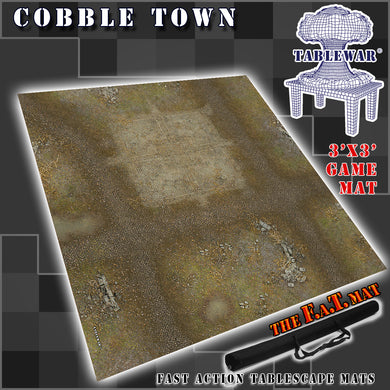3’x3’ gaming mat with a Cobble Stone Town theme, marketed for tabletop gaming, accompanied by a black canvas zipper bag TableWar neoprene Tournament Tabletop Game mat 