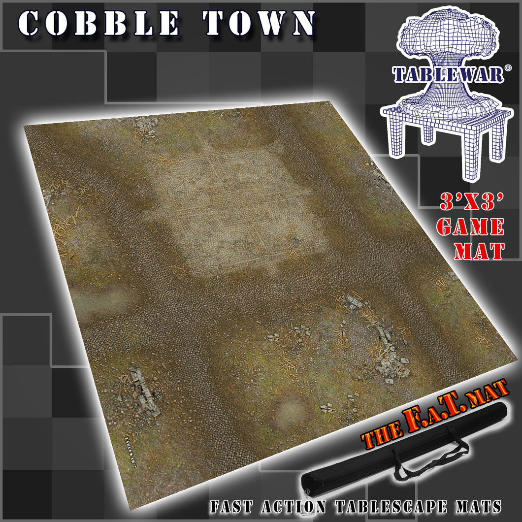 3’x3’ gaming mat with a Cobble Stone Town theme, marketed for tabletop gaming, accompanied by a black canvas zipper bag TableWar neoprene Tournament Tabletop Game mat 
