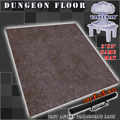 3’x3’ gaming mat with a Dungeon Brick stone flooring theme, marketed for tabletop gaming, accompanied by a black canvas zipper bag TableWar neoprene Tournament Tabletop Game mat 
