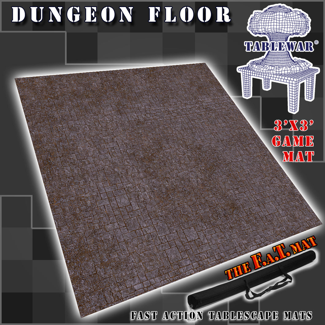 3’x3’ gaming mat with a Dungeon Brick stone flooring theme, marketed for tabletop gaming, accompanied by a black canvas zipper bag TableWar neoprene Tournament Tabletop Game mat 
