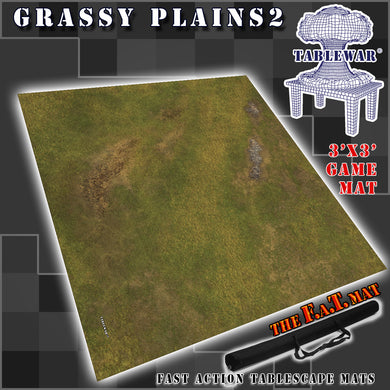 3’x3’ gaming mat with a Grassy Plains fields Rock Dirt and Grass theme, marketed for tabletop gaming, accompanied by a black canvas zipper bag TableWar neoprene Tournament Tabletop Game mat 