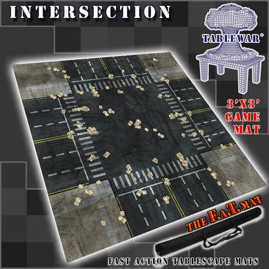 3’x3’ gaming mat with a Intersection city streets blocks theme, marketed for tabletop gaming, accompanied by a black canvas zipper bag TableWar neoprene Marvel Tournament Tabletop Game mat 
