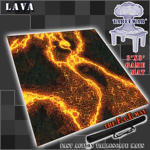 3’x3’ gaming mat with a Lave theme, marketed for tabletop gaming, accompanied by a black canvas zipper bag TableWar neoprene Tournament Tabletop Game mat 
