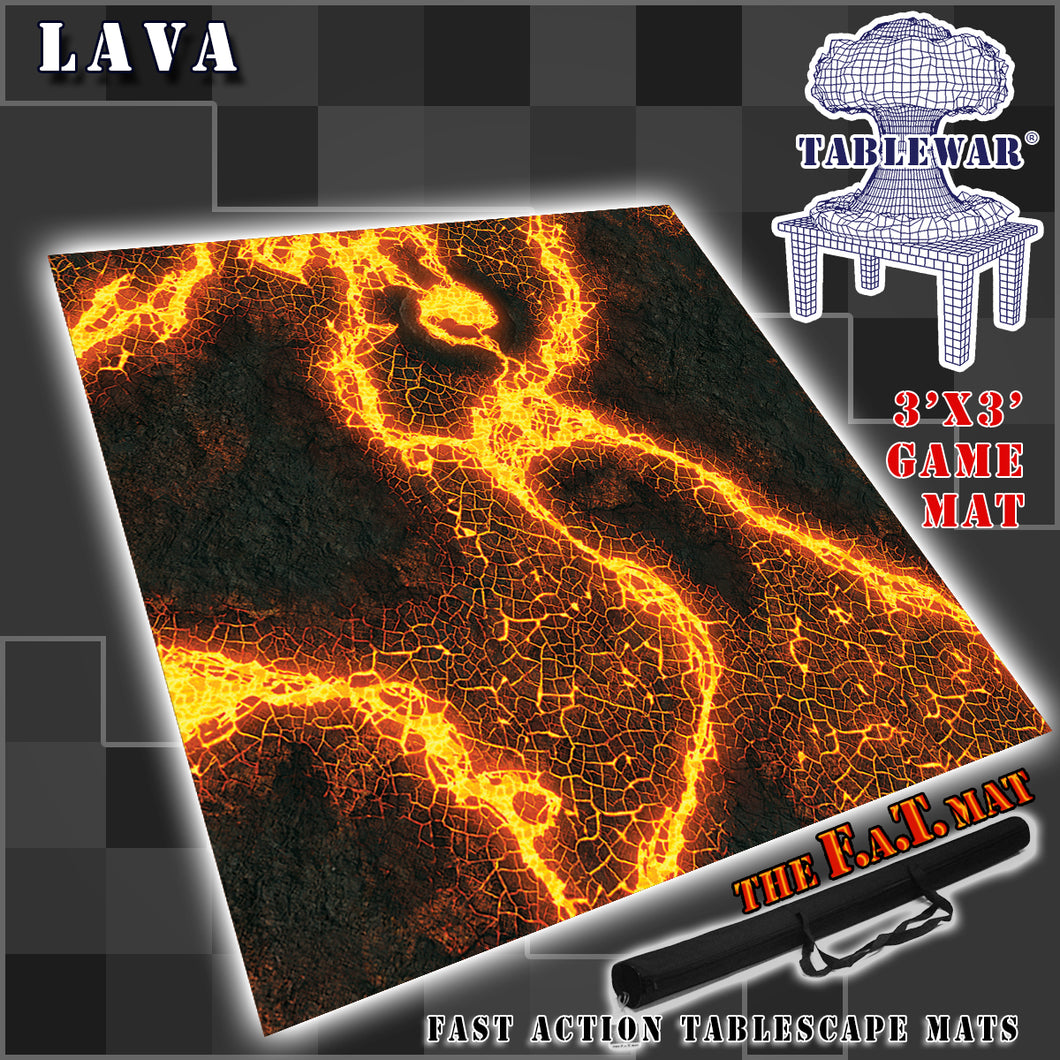 3’x3’ gaming mat with a Lave theme, marketed for tabletop gaming, accompanied by a black canvas zipper bag TableWar neoprene Tournament Tabletop Game mat 
