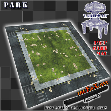 A 3x3 gaming mat with a Park Grassy theme, featuring a city street with marketed for tabletop gaming, accompanied by a black canvas zipper bag TableWar neoprene Tournament Tabletop Game mat