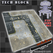 Load image into Gallery viewer, 3x3 gaming mat with a Tech City Block theme, featuring a city street with marketed for tabletop gaming, accompanied by a black canvas zipper bag TableWar neoprene Marvel Tournament Tabletop Game mat

