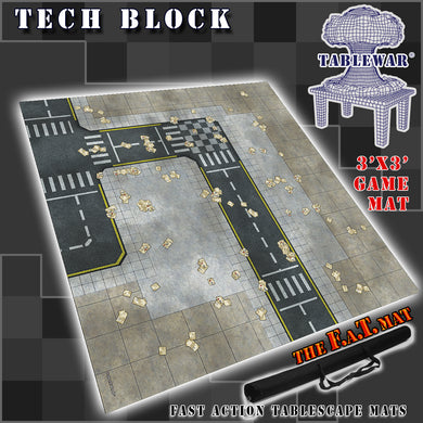 3x3 gaming mat with a Tech City Block theme, featuring a city street with marketed for tabletop gaming, accompanied by a black canvas zipper bag TableWar neoprene Marvel Tournament Tabletop Game mat
