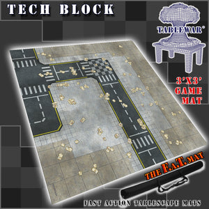 3x3 gaming mat with a Tech City Block theme, featuring a city street with marketed for tabletop gaming, accompanied by a black canvas zipper bag TableWar neoprene Marvel Tournament Tabletop Game mat
