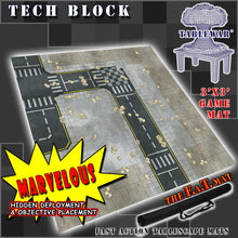 Load image into Gallery viewer, 3x3 gaming mat with a Tech City Block theme, featuring a city street with marketed for tabletop gaming, accompanied by a black canvas zipper bag TableWar neoprene Marvel Tournament Tabletop Game mat

