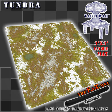 3’x3’ gaming mat with a Tundra theme, marketed for tabletop gaming, accompanied by a black canvas zipper bag TableWar neoprene Tournament Tabletop Game mat 