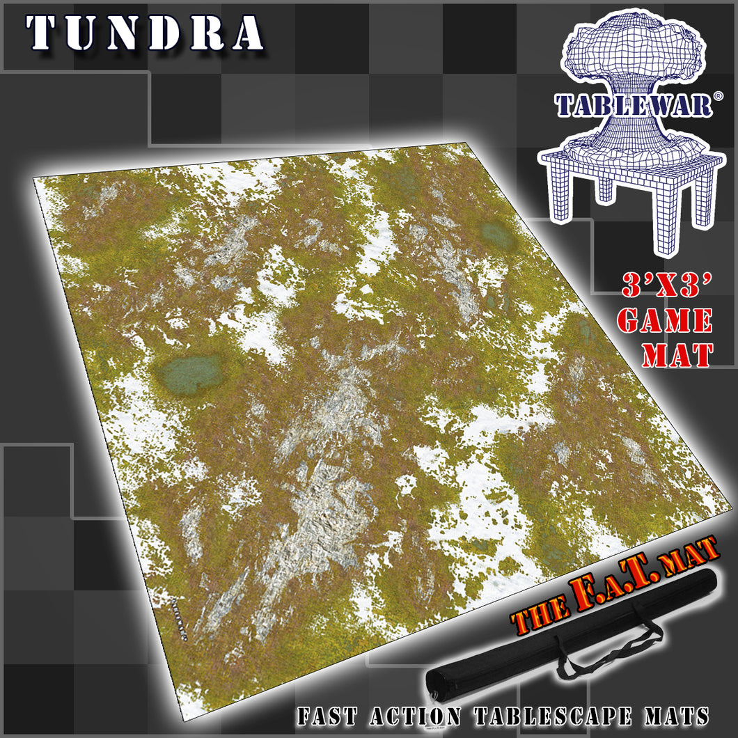 3’x3’ gaming mat with a Tundra theme, marketed for tabletop gaming, accompanied by a black canvas zipper bag TableWar neoprene Tournament Tabletop Game mat 