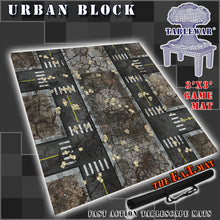 Load image into Gallery viewer, 3x3 gaming mat with a Urban City Block theme, featuring a city street with marketed for tabletop gaming, accompanied by a black canvas zipper bag TableWar neoprene Tournament Tabletop Game mat
