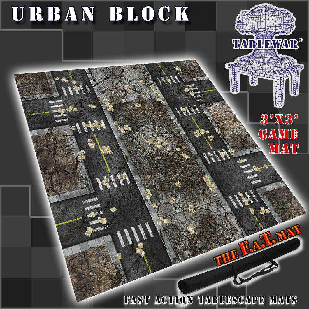 3x3 gaming mat with a Urban City Block theme, featuring a city street with marketed for tabletop gaming, accompanied by a black canvas zipper bag TableWar neoprene Tournament Tabletop Game mat