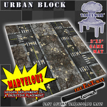 Load image into Gallery viewer, 3x3 gaming mat with a Urban City Block theme, featuring a city street with marketed for tabletop gaming, accompanied by a black canvas zipper bag TableWar neoprene Tournament Tabletop Game mat
