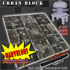 3x3 gaming mat with a Urban City Block theme, featuring a city street with marketed for tabletop gaming, accompanied by a black canvas zipper bag TableWar neoprene Tournament Tabletop Game mat