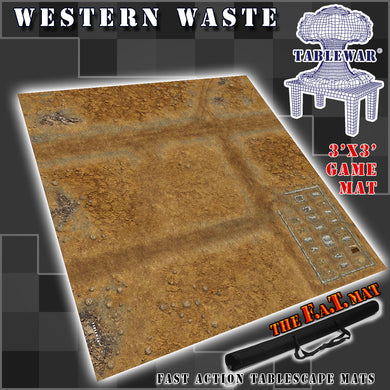 3x3 gaming mat with a Western Desert Town theme, featuring Wild west Town with marketed for tabletop gaming, accompanied by a black canvas zipper bag TableWar neoprene Tournament Tabletop Game mat
