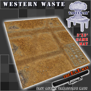 3x3 gaming mat with a Western Desert Town theme, featuring Wild west Town with marketed for tabletop gaming, accompanied by a black canvas zipper bag TableWar neoprene Tournament Tabletop Game mat