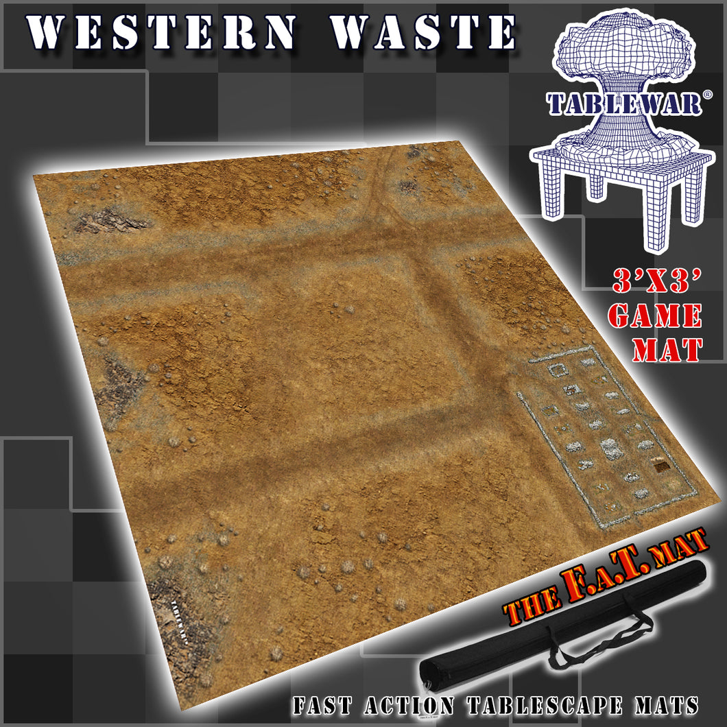 3x3 gaming mat with a Western Desert Town theme, featuring Wild west Town with marketed for tabletop gaming, accompanied by a black canvas zipper bag TableWar neoprene Tournament Tabletop Game mat