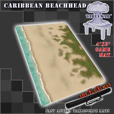 A 4' x 3' gaming mat with a Caribbean beach theme, featuring a sandy shore and blue ocean, designed for tabletop gaming.