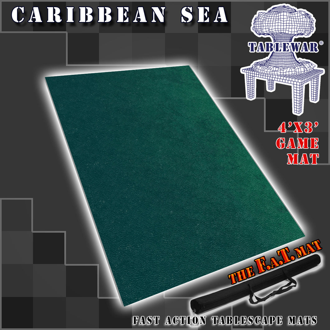 4’x3’ gaming mat with a Caribbean Sea Ocean theme, marketed for tabletop gaming, accompanied by a black canvas zipper bag TableWar neoprene Tournament Tabletop Game mat