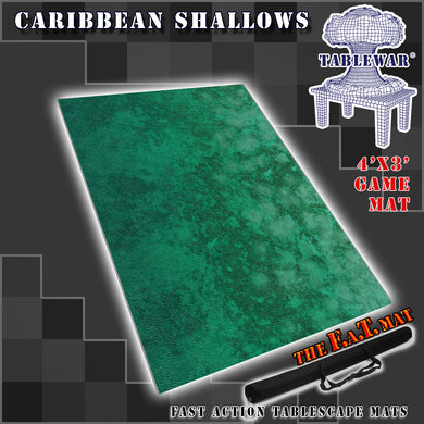 4’x3’ gaming mat with a Caribbean Sea Ocean theme, marketed for tabletop gaming, accompanied by a black canvas zipper bag TableWar neoprene Tournament Tabletop Game mat 