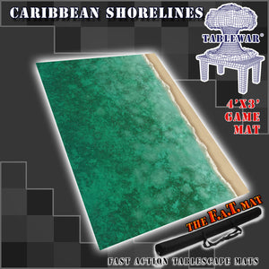 4’x3’ gaming mat with a Caribbean Shore Sea Ocean theme, marketed for tabletop gaming, accompanied by a black canvas zipper bag TableWar neoprene Tournament Tabletop Game mat 
