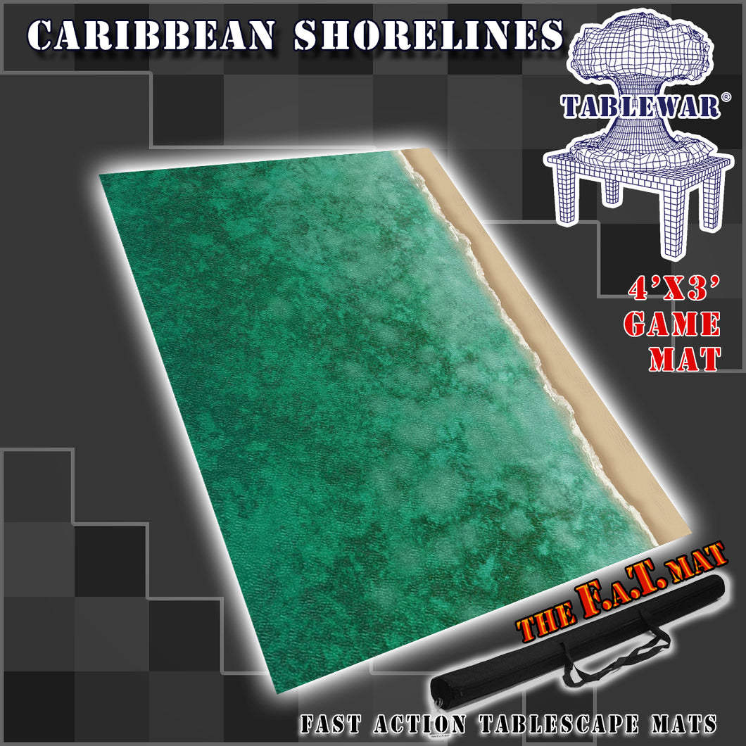 4’x3’ gaming mat with a Caribbean Shore Sea Ocean theme, marketed for tabletop gaming, accompanied by a black canvas zipper bag TableWar neoprene Tournament Tabletop Game mat 