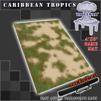 4’x3’ gaming mat with a Caribbean beach front theme, marketed for tabletop gaming, accompanied by a black canvas zipper bag TableWar neoprene Tournament Tabletop Game mat