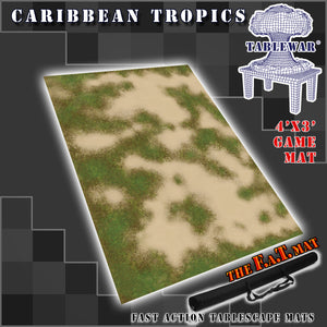 4’x3’ gaming mat with a Caribbean beach front theme, marketed for tabletop gaming, accompanied by a black canvas zipper bag TableWar neoprene Tournament Tabletop Game mat