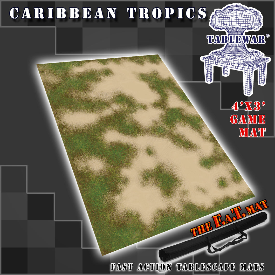 4’x3’ gaming mat with a Caribbean beach front theme, marketed for tabletop gaming, accompanied by a black canvas zipper bag TableWar neoprene Tournament Tabletop Game mat