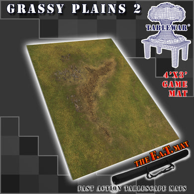 4’x3’ gaming mat with a Grassy plains field theme, marketed for tabletop gaming, accompanied by a black canvas zipper bag TableWar neoprene Tournament Tabletop Game mat 