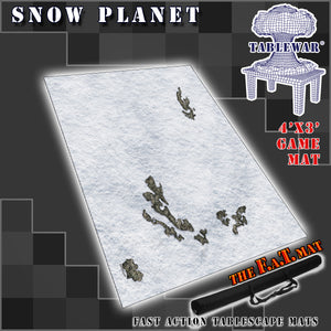 4’x3’ gaming mat with a Snow winter planet theme, marketed for tabletop gaming, accompanied by a black canvas zipper bag TableWar neoprene Tournament Tabletop Game mat