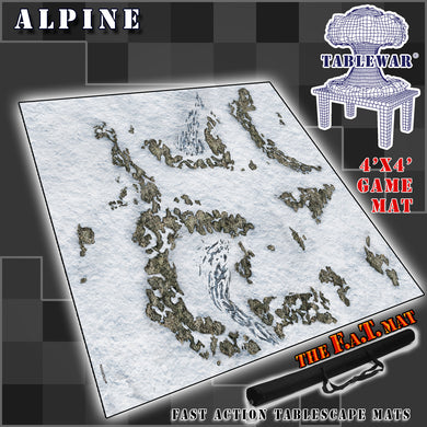4’x4’ gaming mat with a Alpine Snow Winter theme, marketed for tabletop gaming, accompanied by a black canvas zipper bag TableWar neoprene Tournament Tabletop Game mat 