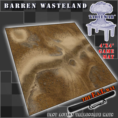 4’x4’ gaming mat with a Barren Wasteland Desert Waste theme, marketed for tabletop gaming, accompanied by a black canvas zipper bag TableWar neoprene Tournament Tabletop Game mat 