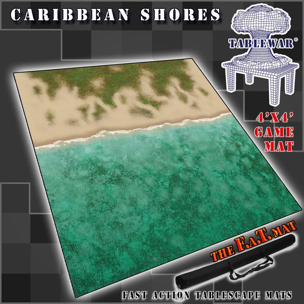 4’x4’ gaming mat with a Caribbean sea Ocean shores theme, marketed for tabletop gaming, accompanied by a black canvas zipper bag TableWar neoprene Tournament Tabletop Game mat 
