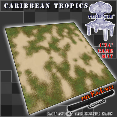 4’x4’ gaming mat with a Caribbean Tropics beach theme, marketed for tabletop gaming, accompanied by a black canvas zipper bag TableWar neoprene Tournament Tabletop Game mat 