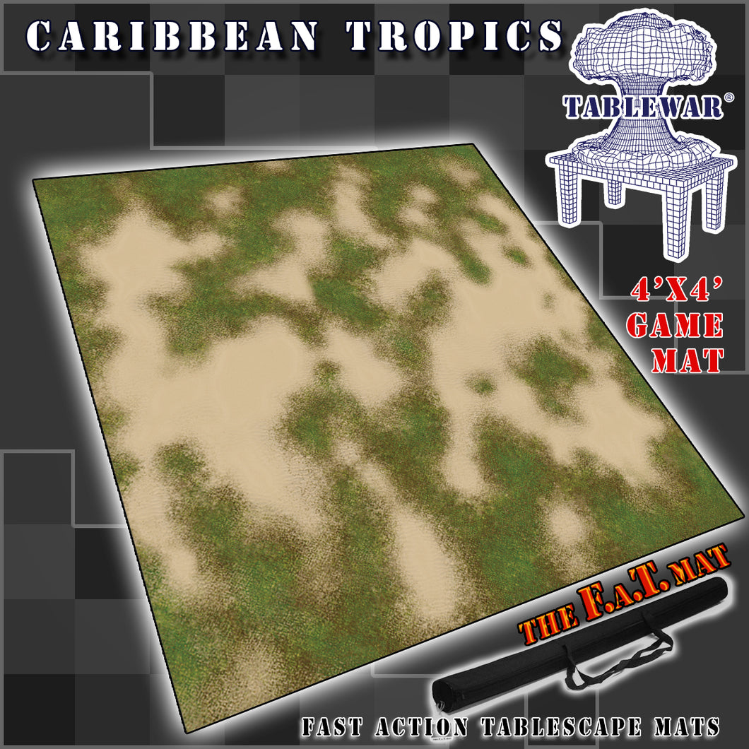 4’x4’ gaming mat with a Caribbean Tropics beach theme, marketed for tabletop gaming, accompanied by a black canvas zipper bag TableWar neoprene Tournament Tabletop Game mat 