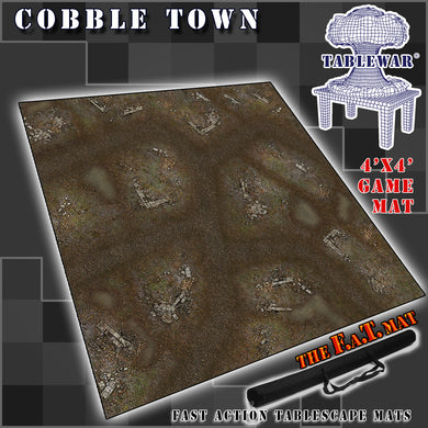4’x4’ gaming mat with a Cobblestone Town theme, marketed for tabletop gaming, accompanied by a black canvas zipper bag TableWar neoprene Tournament Tabletop Game mat 