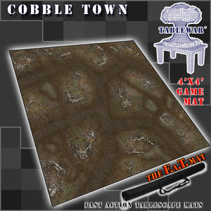 4’x4’ gaming mat with a Cobblestone Town theme, marketed for tabletop gaming, accompanied by a black canvas zipper bag TableWar neoprene Tournament Tabletop Game mat 