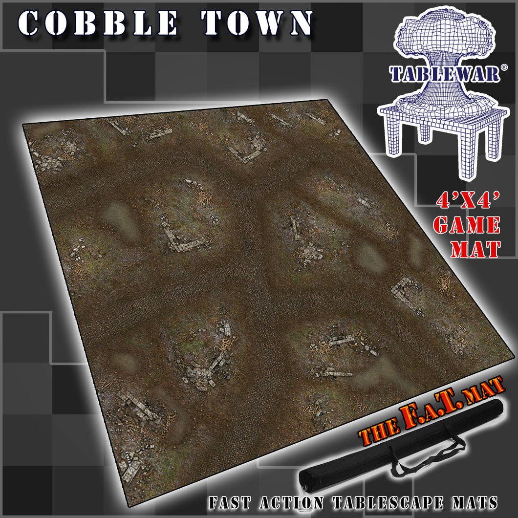 4’x4’ gaming mat with a Cobblestone Town theme, marketed for tabletop gaming, accompanied by a black canvas zipper bag TableWar neoprene Tournament Tabletop Game mat 