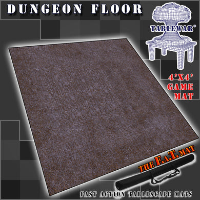 4’x4’ gaming mat with a Dungeon Floor theme, marketed for tabletop gaming, accompanied by a black canvas zipper bag TableWar neoprene Tournament Tabletop Game mat